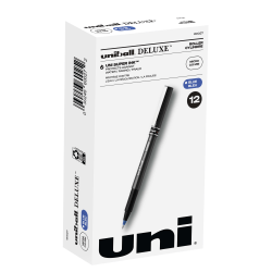 uni-ball® Deluxe Rollerball Pens, Micro Point, 0.5 mm, Charcoal Barrel, Blue Ink, Pack Of 12