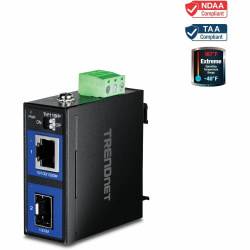 TRENDnet Hardened Industrial 100/1000Base-T to SFP Media Converter - 1 x Network (RJ-45) - Multi-mode, Single-mode - Gigabit Ethernet - 1000Base-T, 1000Base-X - 1 x Expansion Slots - SFP - 1 x SFP Slots - Rail-mountable, Wall Mountable
