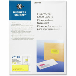 Business Source Neon Labels - 1"x 2 5/8" - Permanent Adhesive - Rectangle - Laser - Neon Yellow - 30/Sheet - Jam-free, Pressure Sensitive - 750/Pack