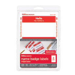 Office Depot® Brand Hello Name Badge Labels, 2 11/32" x 3 3/8", Red Border, Pack Of 100