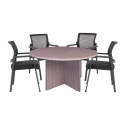 Boss Office Products 47" Round Table And Mesh Guest Chairs Set, Driftwood/Black