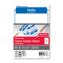 Office Depot® Brand Hello Name Badge Labels, 2 11/32" x 3 3/8", Blue Border, Pack Of 100