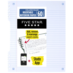 Five Star® Insertable Notebook Paper Plus Study App, College Ruled, 9" x 11", 60 Sheets/Pack