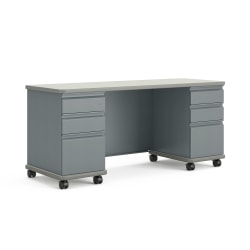 HON SmartLink Double Pedestal Teacher Mobile Workstation With Modesty Panel, 30"H x 66"W x 24"D, Silver Mesh/Titanium