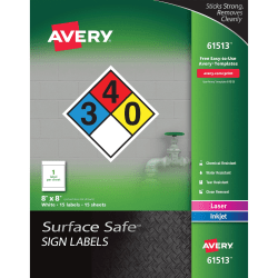 Avery® Surface Safe Sign Labels, 8" x 8", Square, Pack Of 15