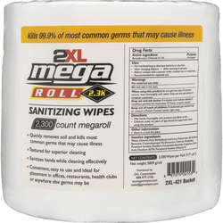 2XL Mega Roll Sanitizing Wipes, 6" x 7-3/4", Unscented, White, Roll Of 2,300 Wipes