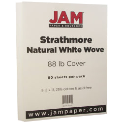 JAM Paper® Card Stock, Strathmore Natural White Wove, Letter (8.5" x 11"), 88 Lb, Pack Of 50