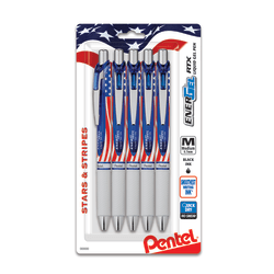 Pentel® EnerGel® Stars & Stripes Liquid Gel Pens, Pack Of 5, Medium Point, 0.7 mm, Red/White/Blue Barrel, Black Ink