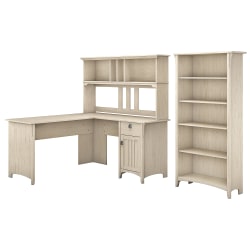 Bush Furniture Salinas 60"W L Shaped Desk with Hutch and 5 Shelf Bookcase, Antique White, Standard Delivery