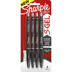 Sharpie® S-Gel Pens, Ultra-Fine Point, 0.38 mm, Black Barrel, Black Ink, Pack Of 4 Pens