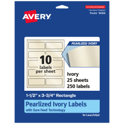 Avery® Pearlized Permanent Labels With Sure Feed®, 94205-PIP25, Rectangle, 1-1/2" x 3-3/4", Ivory, Pack Of 250 Labels