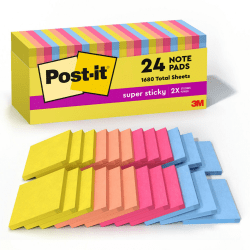 Post-it Super Sticky Notes, 3 in x 3 in, 24 Pads, 70 Sheets/Pad, 2x the Sticking Power, Summer Joy Collection