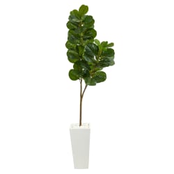 Nearly Natural Fiddle Leaf Fig 72"H Artificial Tree With Tall Planter, 72"H x 21"W x 16"D, Green/White