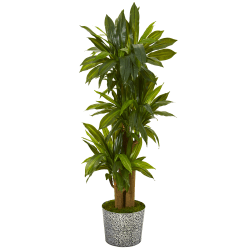 Nearly Natural Corn Stalk Dracaena 58"H Artificial Plant With Embossed Tin Planter, 58"H x 24"W x 24"D, Green/Black