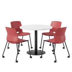 KFI Studios Proof Cafe Round Pedestal Table With Imme Caster Chairs, Includes 4 Chairs, 29"H x 36"W x 36"D, Designer White Top/Black Base/Coral Chairs