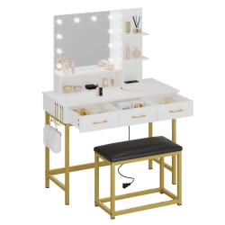 Bestier Vanity Desk Set With Cushioned Stool, 53-7/16"H x 39-3/8"W x 18-5/16"D, White/Gold