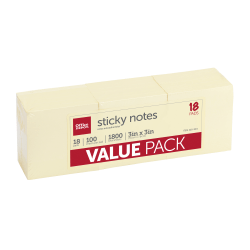 Office Depot® Brand Sticky Notes Value Pack, 3" x 3", Yellow, 100 Sheets Per Pad, Pack Of 18 Pads
