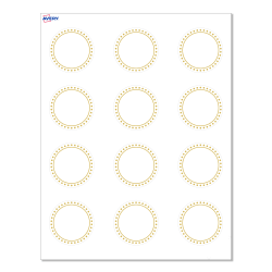 Avery® Print-To-The-Edge Cards With Sure Feed® Technology, S00-D1E-PRMWC10, Round, 2", Matte White, Preprinted Gold Border with Gold Dots Design, Pack Of 120