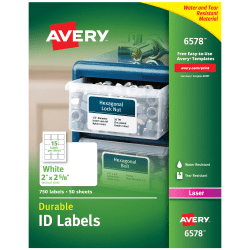 Avery® Permanent Durable ID Labels With TrueBlock®, 6578, Rectangle, 2" x 2-5/8", White, Pack Of 750