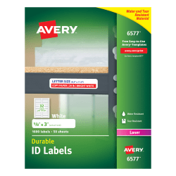 Avery® Permanent Durable ID Labels With TrueBlock®, 6577, 5/8" x 3", White, Pack Of 1,600