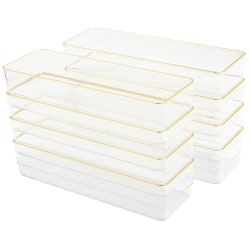 Martha Stewart Kerry Plastic Stackable Office Desk Drawer Organizers, 2"H x 3"W x 9"D, Clear/Gold Trim, Pack Of 8 Organizers