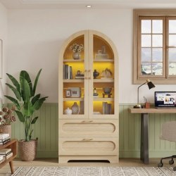 Bestier Modern Arched Bookshelf With LED Lighting And 2 Storage Drawers, 71-1/16"H x 31-3/16"W x 16-1/4"D, Natural Oak, Total Quantity 1