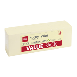 Office Depot® Brand Sticky Notes Value Pack, 30% Recycled, 3" x 3", Yellow, 100 Sheets Per Pad, Pack Of 18 Pads
