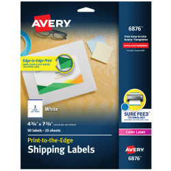 Avery® Print-to-the-Edge Shipping Labels With Sure Feed® Technology, 6876, Rectangle, 4-3/4" x 7-3/4", White, Pack Of 50