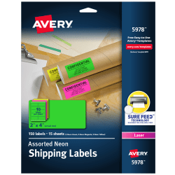Avery® Neon Shipping Labels With Sure Feed®, 5978, Rectangle, 2"x4", Assorted Neon Colors, Pack Of 150
