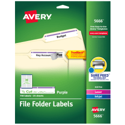 Avery® TrueBlock® File Folder Labels With Sure Feed® Technology, 5666, Rectangle, 2/3" x 3-7/16", White/Purple, Pack Of 750