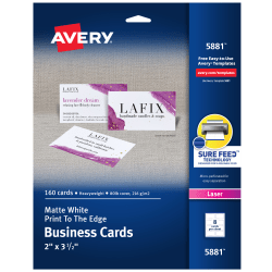 Avery® Printable Business Cards With Sure Feed® Technology, 2" x 3.5", White, 160 Blank Cards For Laser Printers