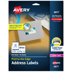 Avery® Print-To-The-Edge Permanent Address Laser Labels, 6871, 1 1/4" x 2 3/8", White, Pack Of 450