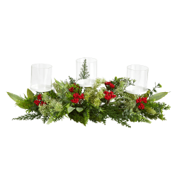 Nearly Natural 5"H Holiday Winter Greenery And Berries Triple Candle Holder Artificial Christmas Table Arrangement, 5"H x 20"W x 4"D, Clear/Green/Red