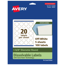 Avery® Print-to-the-Edge Dissolvable Labels With Sure Feed® Technology, 94507-DWMP5, Round, 1-5/8", Matte Off-White, Pack Of 100