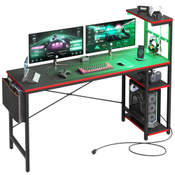 Bestier LED Gaming Computer Desk With Power Outlets, Shelves, Hook & Side Bag, 61"W, Carbon Fiber Black