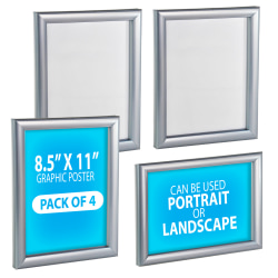 Azar Displays Plastic Wall Mount Snap Wall Frame Vertical/Horizontal Sign Holders, 11"H x 8-1/2"W x 3/4"D, Silver, Pack Of 4 Sign Holders