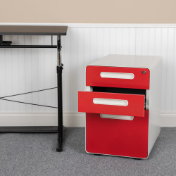 Flash Furniture Ergonomic 21"D Vertical 3-Drawer Mobile Locking File Cabinet, White/Red
