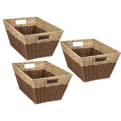 Honey-Can-Do Rectangle Nesting Seagrass 2-Color Baskets With Built-In Handles, Medium Size, Natural/Brown, Set Of 3