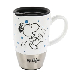 Mr. Coffee Snoopy Time Ceramic Travel Mug With Lid, 15 Oz, White/Silver