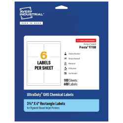 Avery® Ultra Duty® Permanent GHS Chemical Labels, 97188-WMUI100, Rectangle, 3-1/3" x 4", White, Pack Of 600