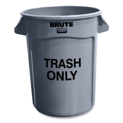 Rubbermaid® Commercial Vented Round Brute Container, "Trash Only" Imprint, 32 gal, Plastic, Gray