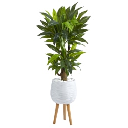 Nearly Natural Corn Stalk Dracaena 46"H Artificial Plant With Stand Planter, 46"H x 12"W x 12"D, Green/White