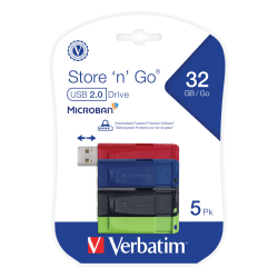Verbatim® 70897 Store 'n' Go® USB-A Flash Drives, 32GB, Assorted Colors, Pack Of 5 Flash Drives