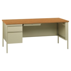 Lorell® Fortress Series Steel Pedestal Desk, 66"W, Left-Handed, Oak/Putty
