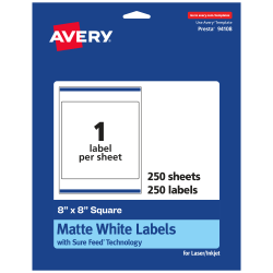Avery® Permanent Labels With Sure Feed®, 94108-WMP250, Square, 8" x 8", White, Pack Of 250