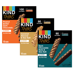 KIND Thins Variety Pack, Dark Chocolate Nuts & Sea Salt/Caramel Almond Sea Salt/Peanut Butter Dark Chocolate, 0.74 Oz, Pack Of 30 Thins