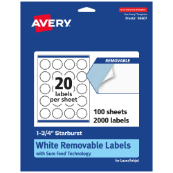 Avery® Removable Labels With Sure Feed®, 94607-RMP100, Starburst, 1-3/4", White, Pack Of 2,000 Labels