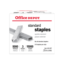 Office Depot® Brand Standard Staples, 1/4", 5,000 Staples Per Pack, Box Of 3 Packs