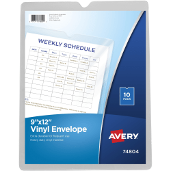 Avery® File Envelopes, Travel Document Organizer, Holds Up To 60 Sheets, 9" x 12", Clear, 10 Vinyl Envelopes