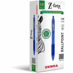 Zebra Pen Z-Grip Retractable Ballpoint Pens - 0.7 mm Fine Pen Point - Retractable - Blue Ink - School, Home, Journaling - 1 Dozen